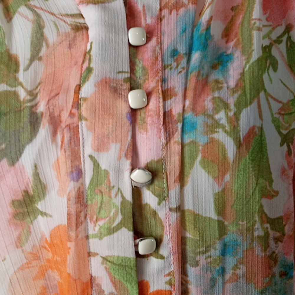 Taylor Pink and Orange Floral Long-Sleeve Button Dress with Tie Waist, Cottage C - Picture 4 of 10